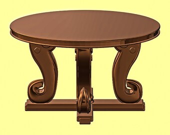 May include: A round, brown wooden coffee table with a decorative, ornate base. The table has three legs with a scroll design and a central support.