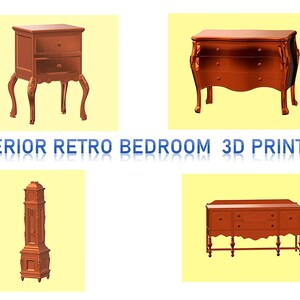 May include: Four pieces of retro bedroom furniture in a 3D rendering. The furniture is made of wood and has a reddish-brown finish. The furniture includes a tall clock, a dresser, a nightstand, and a chest of drawers.