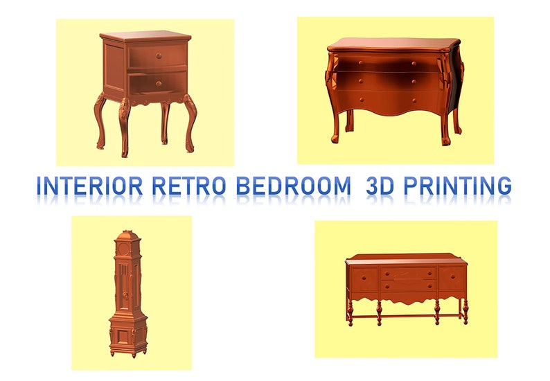 May include: Four pieces of retro bedroom furniture in a 3D rendering. The furniture is made of wood and has a reddish-brown finish. The furniture includes a tall clock, a dresser, a nightstand, and a chest of drawers.