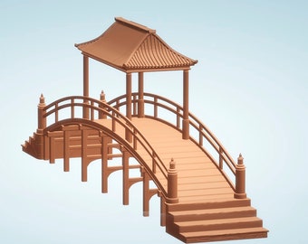 May include: A wooden bridge with a pagoda-style roof. The bridge has a curved arch and is decorated with railings. The roof is brown and has a traditional Chinese design.