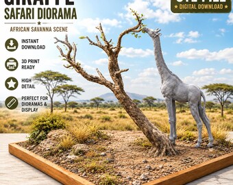 May include: A digital 3D model file for a giraffe safari diorama featuring a gray giraffe figure eating from a textured tree. The scene includes a wooden base, rocks, and grass. Text reads GIRAFFE SAFARI DIORAMA, STL FILE, and NO PHYSICAL ITEM.