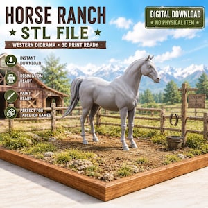 May include: A digital download for a horse ranch diorama STL file. The image shows a light grey horse figurine standing in a dirt paddock with a wooden fence, a small bucket, and a sign that reads LIVERY & STABLE. Text includes HORSE RANCH STL FILE.