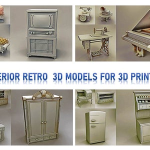 May include: A collection of 3D printable retro interior design models. The models include a sofa, a television, a sewing machine, a piano, a vanity, a wardrobe, a kitchen cabinet, and a refrigerator.  The models are all in a white and gray color scheme.