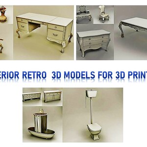 May include: A collection of retro interior 3D models for 3D printing. The models include a desk, chairs, a table, a dresser, a toilet, and a trash can.  The models are all in a white and gray color scheme.