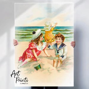 Edwardian Seaside Print: Vintage Children on Beach, Restored Art