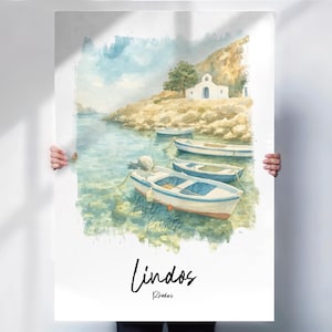 Lindos Greece Print or Canvas, Watercolour Style Greek Island Wall Art, Coastal Whimsical Travel Poster, Aegean Seaside Decor