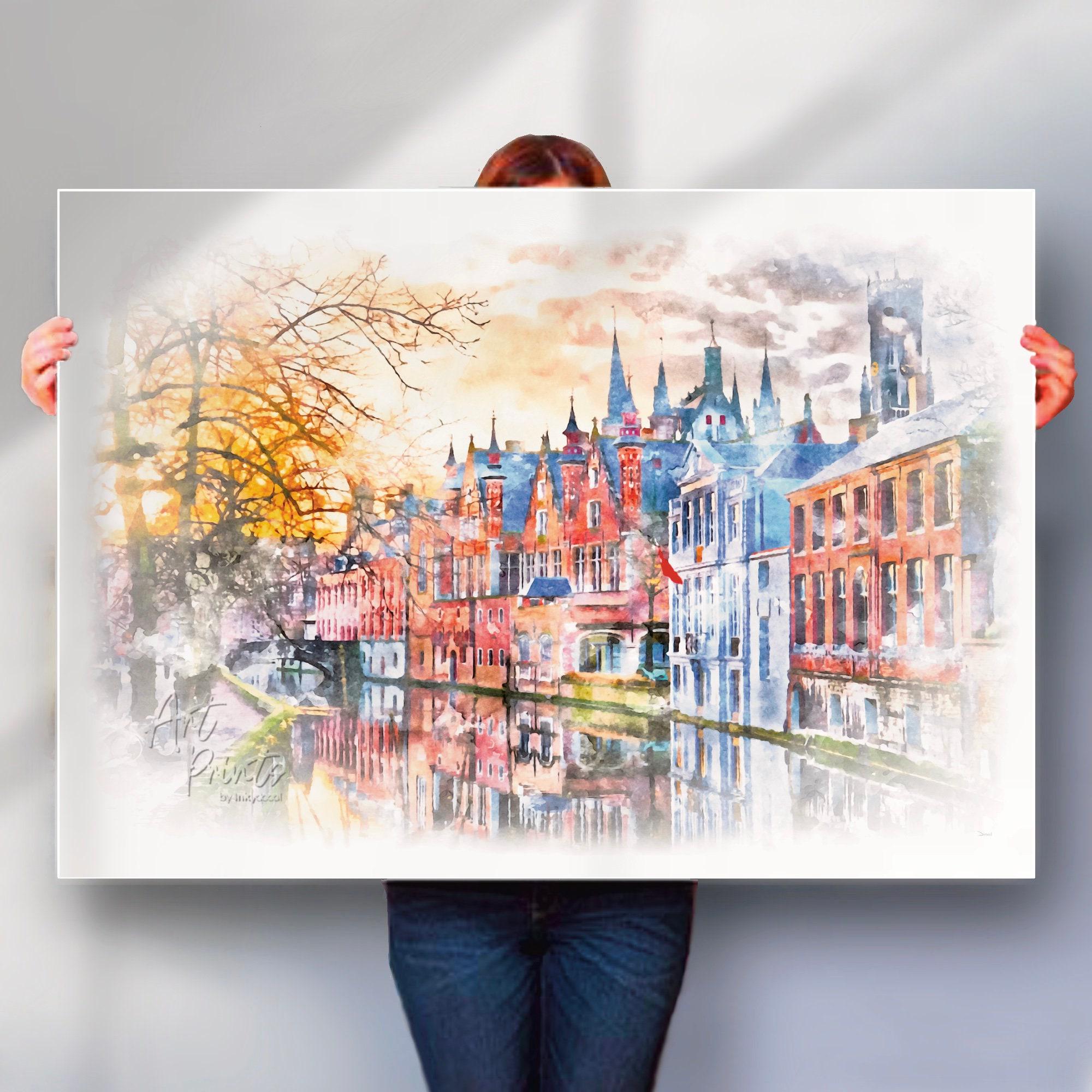Bruges Belgium Watercolour Art Print, Rustic Cityscape Wall Art, European Travel Poster, Canvas or Print Option