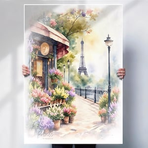 Paris Watercolour Art Print, Eiffel Tower Floral Street Scene, Romantic French Wall Decor, Canvas or Print Option