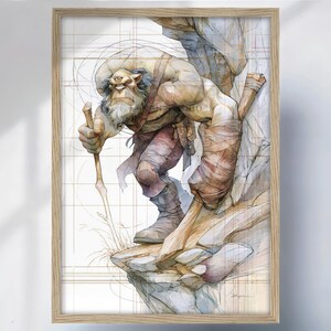 May include: A framed digital illustration of a muscular, one-eyed cyclops with a gray beard, wearing dark trousers and boots, climbing a rocky cliff face while holding a wooden staff. The artwork features technical grid lines and soft watercolor tones.