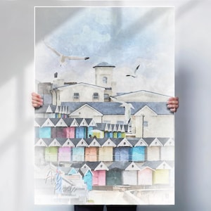 Beach Huts Art Print or Canvas, Walton on the Naze Wall Art, Watercolour Style Coastal Poster, Essex Seaside Decor, UK Beach Hut Print