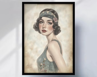 Flapper Girl Wall Art: 1920s Vintage Watercolour - Feminine Decor