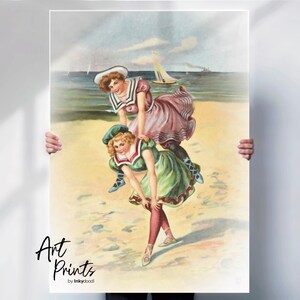 Seaside Nostalgia Print or Canvas | Vintage Edwardian Wall Art | Blue Ocean Beach Decor | Restored Postcard Print | British Seaside Poster