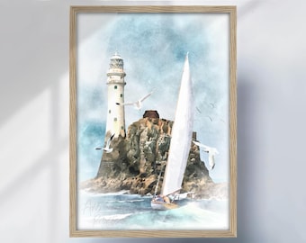 Fastnet Rock Lighthouse Art Print: Irish Coastal Seascape, Nautical Wall Decor