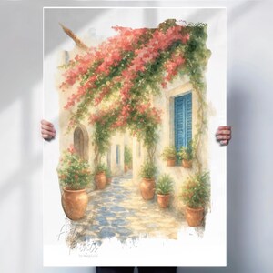 Bougainvillea Print: Greek Island Courtyard, Mediterranean Wall Art