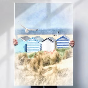 Beach Huts Watercolour Style Art Print, Coastal Wall Art, Seaside Poster, Canvas or Print Option