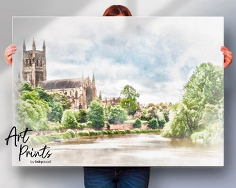 Impression de la cathédrale de Worcester, style Aquarelle Impression poster d'art