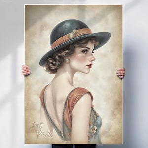 1920s Art Deco Flapper Girl Print or Canvas, Watercolour Style Vintage Portrait, Great Gatsby Wall Art, Canvas or Print Option