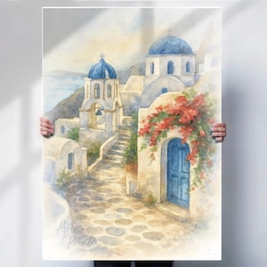 Greece Watercolour Print or Canvas, Greek Island Wall Art, Mediterranean Haze, Greek Architecture Decor