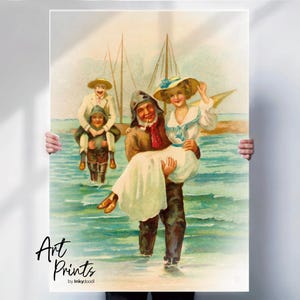 Beach Wall Art – Edwardian Postcard Restoration Print – Vintage Seaside Poster – Antique Coastal Illustration – Canvas or Print Option