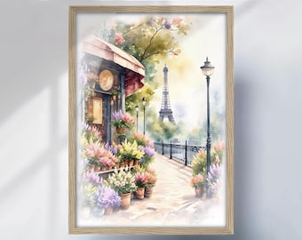 May include: Watercolor painting of a Parisian street scene. A shop with a red awning is adorned with flower pots. The Eiffel Tower is visible in the background. A lamppost and a bridge with a black railing are also in the scene. The painting is framed in a light wood frame.