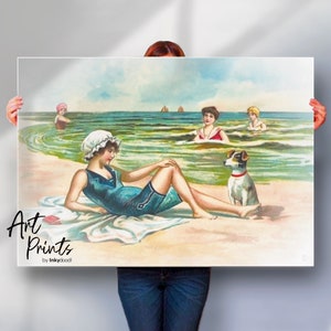 Impression d'art vintage bord de mer - Restauration de cartes postales édouardiennes - Décoration murale côtière - Poster Scène de plage - Toile et options d'impression