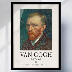 May include: Framed print of Vincent van Gogh's self-portrait from 1887. The artwork features the artist with a red beard and a brown coat. The print is labeled "VAN GOGH" with "Self-Portrait 1887 POST-IMPRESSIONISM" below.