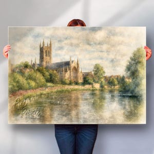 Worcester Cathedral Watercolour Art Print, Historic UK Landmark Wall Art, British Architecture Poster, Canvas or Print Option