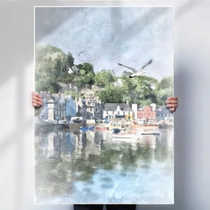 Isle of Mull Watercolour Print, Tobermory Harbour Art, Scottish Coastal Wall Decor, Canvas or Print Option
