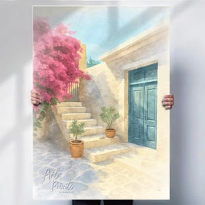 Greek Courtyard Print: Mediterranean Floral Scene (Canvas or Paper)
