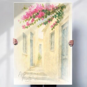 Floral Greece Watercolor Print: Mediterranean Alley with Bougainvillea