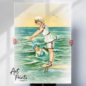 Impression d'art édouardienne bord de mer - décoration murale vintage de plage - illustration de carte postale restaurée - art mural côtier - toile ou option d'impression