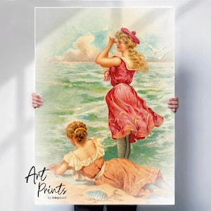 Impression d'art nautique rétro - affiche vintage de bord de mer - décoration murale côtière - illustration de scène de plage édouardienne - toile ou option d'impression