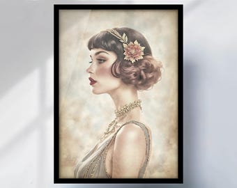 1920s Flapper Girl Art Print - Soft Watercolour Portrait