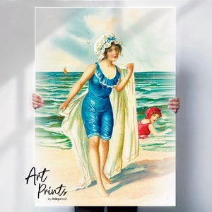 Impression d'art de plage édouardienne en bord de mer – décoration murale côtière vintage, affiche rétro britannique de bord de mer, scène de plage historique