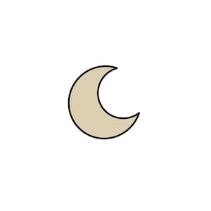 Puede incluir: Un icono de luna creciente con relleno beige y contorno negro.