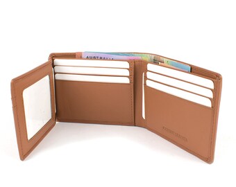 Genuine Cowhide Soft Leather Mens Wallet Card Holder Organiser Slim Design Bifold RFID Blocking Personalized Gift Tan
