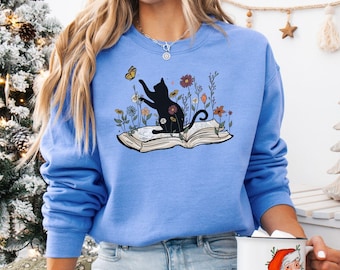 Bookish Sweatshirt, Cat Book Shirt, Book Lover Sweatshirt, Gift for Cat Lover, Cute Cat Book Sweatshirt, Librarian Gifts For Women