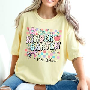 Personalized Kindergarten Teacher Shirt, Custom Kinder Crew Back to School Teacher Shirts for Kindergarten, Elementary Teacher Retro Checker