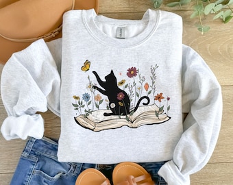 Bookish Sweatshirt, Cat Book Shirt, Book Lover Sweatshirt, Gift for Cat Lover, Cute Cat Book Sweatshirt, Librarian Gifts For Women