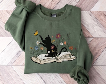 Bookish Sweatshirt, Cat Book Shirt, Book Lover Sweatshirt, Gift for Cat Lover, Cute Cat Book Sweatshirt, Librarian Gifts For Women