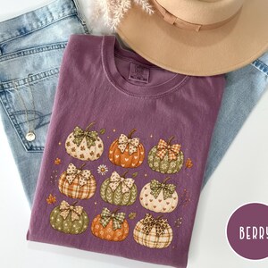 May include: A berry-colored crew neck t-shirt featuring a graphic print of nine pumpkins, each decorated with a unique patterned bow. The pumpkins display various colors and textures, including plaid, polka dots, and floral motifs, arranged on the front.