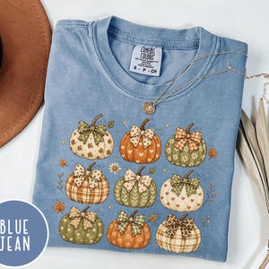 May include: A blue jean colored t-shirt with a graphic print of nine pumpkins, each decorated with a patterned bow. The pumpkins feature various designs including hearts, stars, plaid, and floral patterns. The shirt has a Comfort Colors brand label.