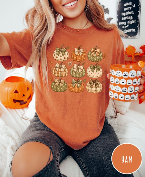 Boho Pumpkin Comfort Colors® Shirt, Cute Fall Pumpkin Pattern Tee, Thanksgiving Shirt, Autumn Aesthetic Cottagecore Harvest Season Tee