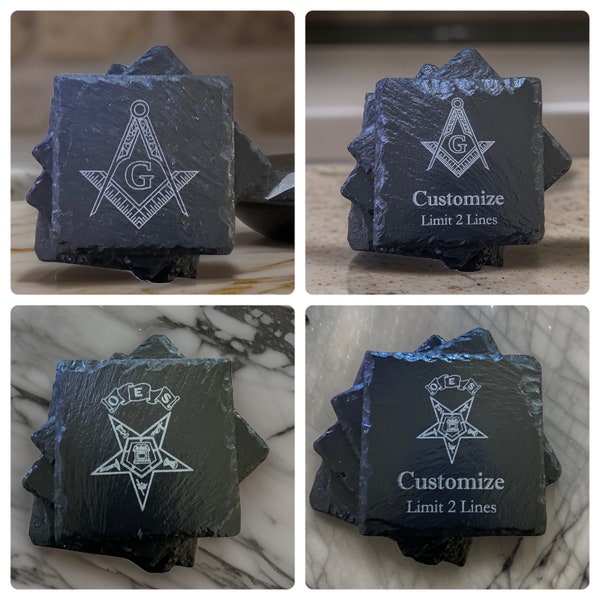 Masonic Slate Coasters, Eastern Star Slate Coasters, Etched Masonic Coasters, Etched Eastern Star Coasters,  OES Slate coasters