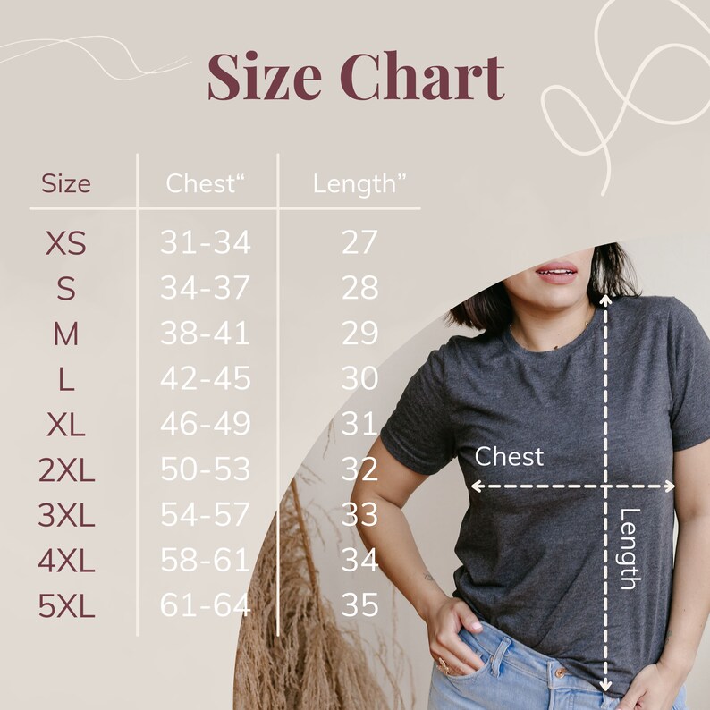 May include: Size chart for a t-shirt with measurements in inches for chest and length. The chart shows sizes XS through 5XL with corresponding chest and length measurements.