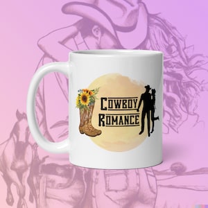 May include: White ceramic mug with a design of a cowboy and a cowgirl silhouette, a pair of cowboy boots with sunflowers, and the text "COWBOY ROMANCE" on a yellow watercolor background.
