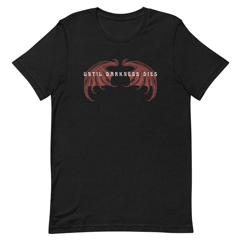 May include: Black t-shirt with a red graphic of a pair of wings and the text "UNTIL DARKNESS DIES".