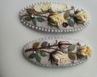 Embroider rose hair clip with pearls