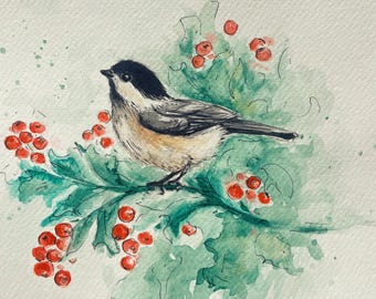 Chickadee Watercolor Painting, Bird Wall Art Print, 6x6