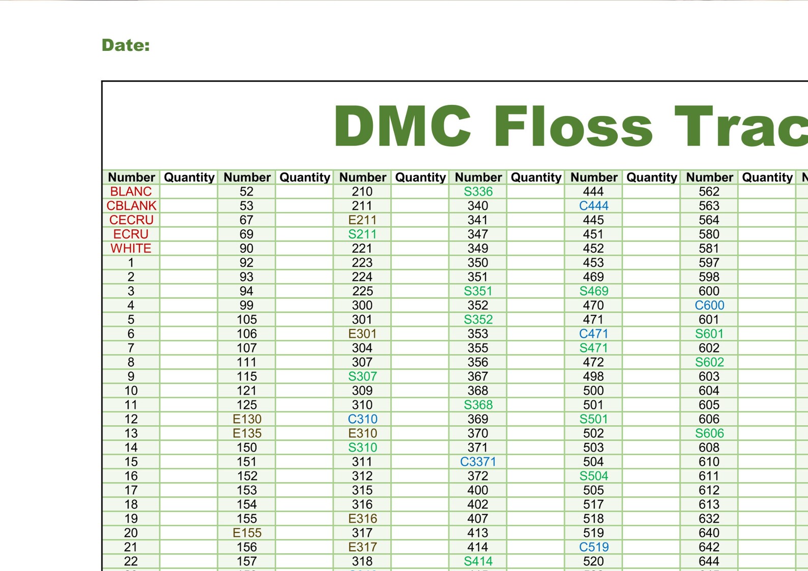 Dmc floss inventory tracker has 733 color numbers is printable and